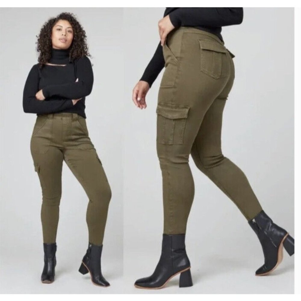 Spanx Stretch Twill Ankle Cargo Pants Darkened Olive Women's Size Large